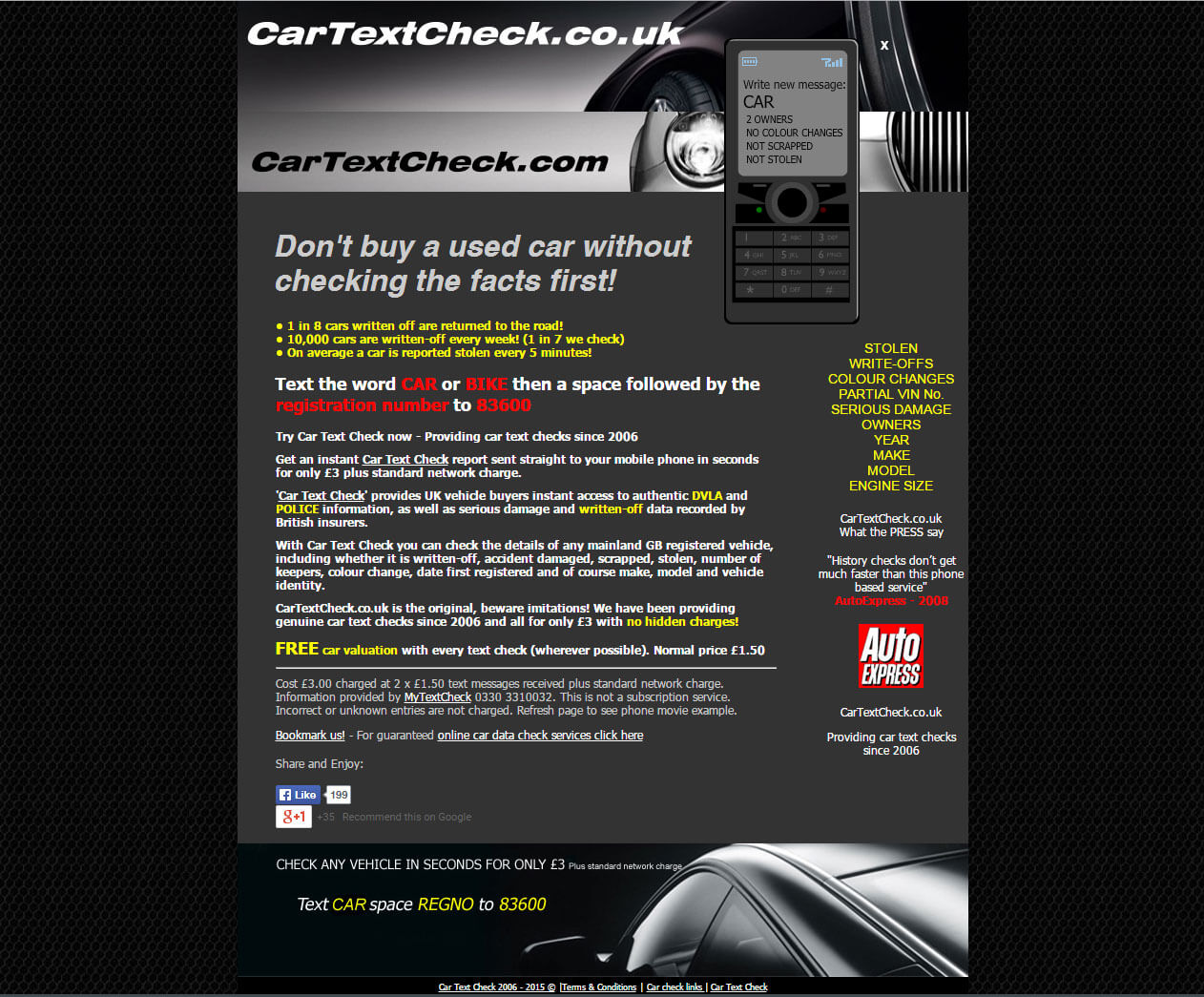 A screenshot of original CarTextCheck website